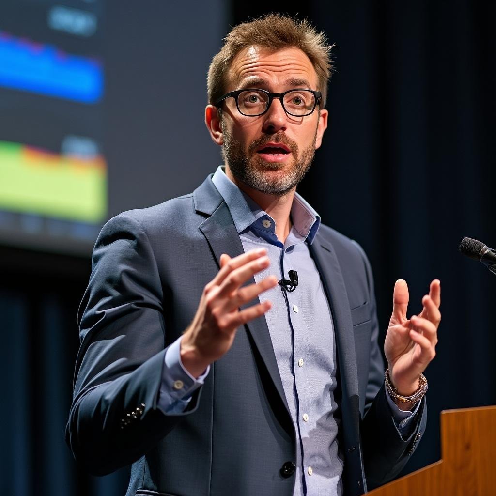 A man in a suit and glasses speaks animatedly at a podium with a microphone, resembling an expert presenting critical data. In the background, a screen displays graphs, providing visual support to his narrative. A small author box at the corner highlights his credentials.